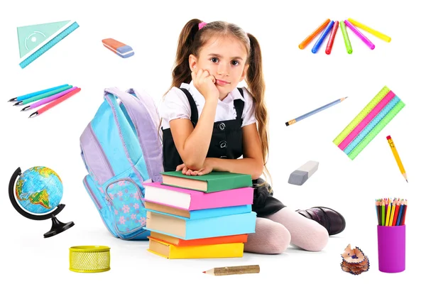 Cute schoolgirl with supplies — Stock Photo, Image