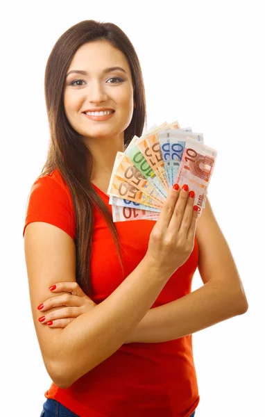 Женщина держит деньги изолированы на белом — стоковое фото