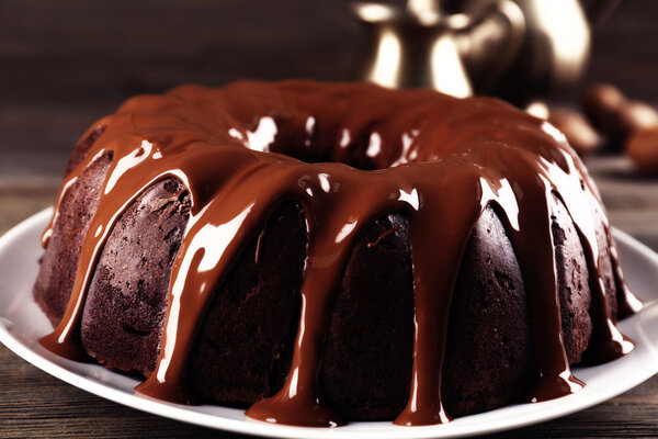 Chocolate cake with a bottle of milk