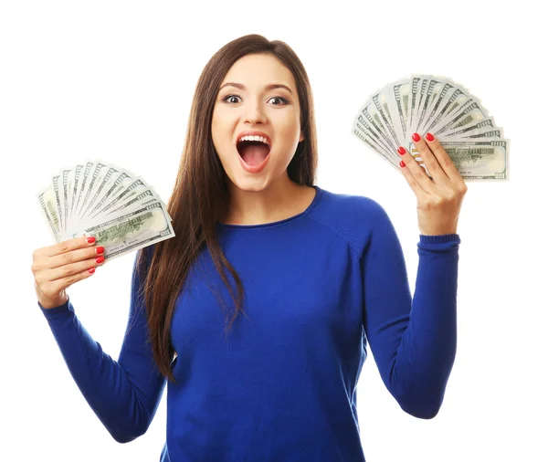 Woman holding money isolated on white — Stock Photo, Image