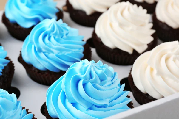 Smakelijke cupcakes in papier vak, close-up — Stockfoto