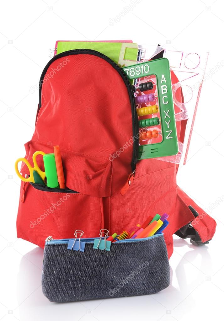 Red backpack with colourful stationary 