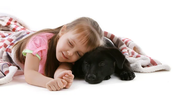 Schattig meisje met puppy — Stockfoto