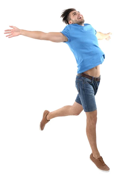 Активний хлопець стрибає в радості — стокове фото