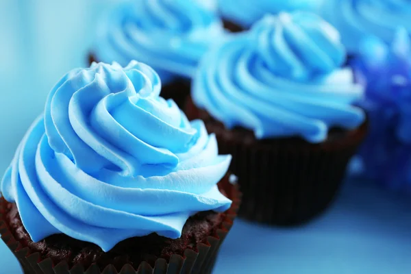 Chocolate cupcakes and flowers closeup — Stock Photo, Image