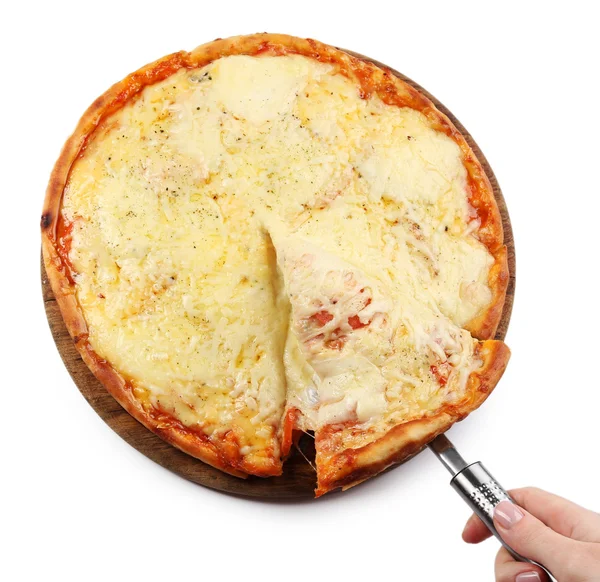 Gustosa pizza tagliata isolata su bianco. Uno prendere un pezzo di pizza — Foto Stock