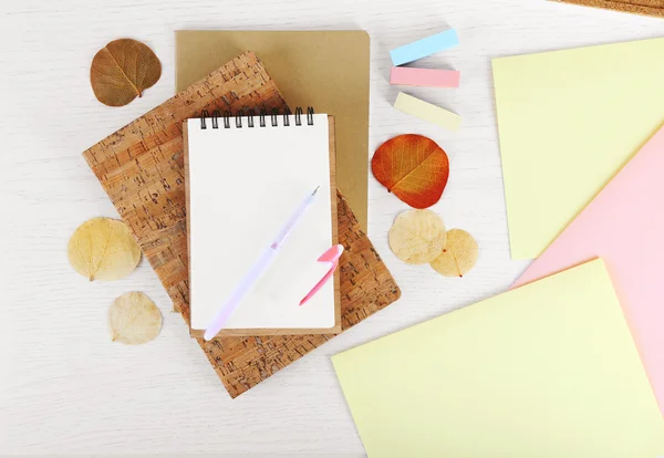 Caneta com caderno e folhas secas — Fotografia de Stock