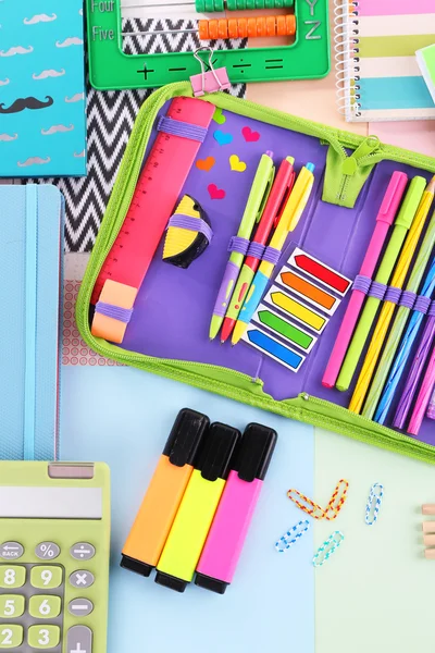 Pencil case with various stationery — Stock Photo, Image