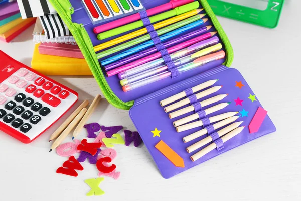 Pencil case with various stationery — Stock Photo, Image