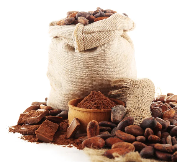 Stapel van cacaobonen en chocolade — Stockfoto