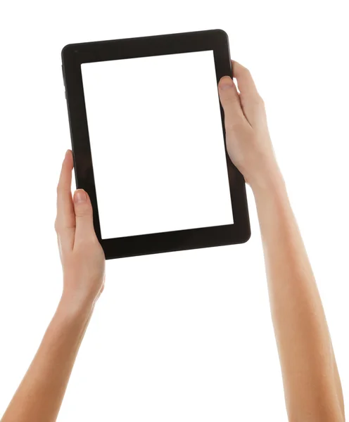 Black tablet in hands — Stock Photo, Image