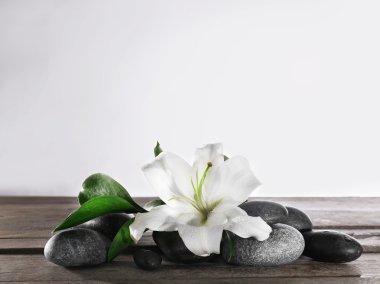 Güzel beyaz zambak ve spa taşlar beyaz arka plan üzerinde