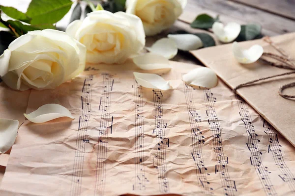 Nádherná růže na hudebních listech pozadí — Stock fotografie