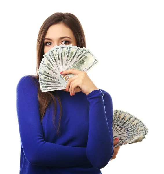 Mujer sosteniendo dinero aislado en blanco — Foto de Stock