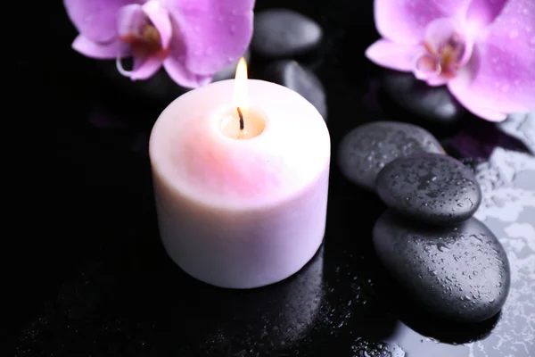 Komposition aus Orchideen, Kieselsteinen und Kerzen — Stockfoto