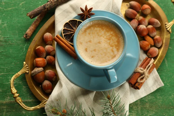 Cup of coffee on metal tray, top view — Stock Photo, Image