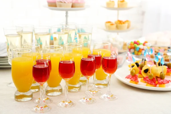 Set of cold snacks, canape, beverages and dessert, closeup — Stock Photo, Image