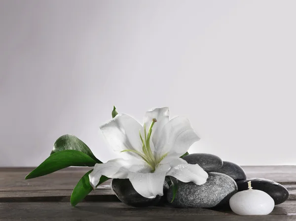 Spa naturaleza muerta con hermosa flor y vela sobre fondo blanco — Foto de Stock