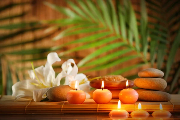 Spa still life with stones, candles and flowers in water on palm leaves background — Stock Photo, Image