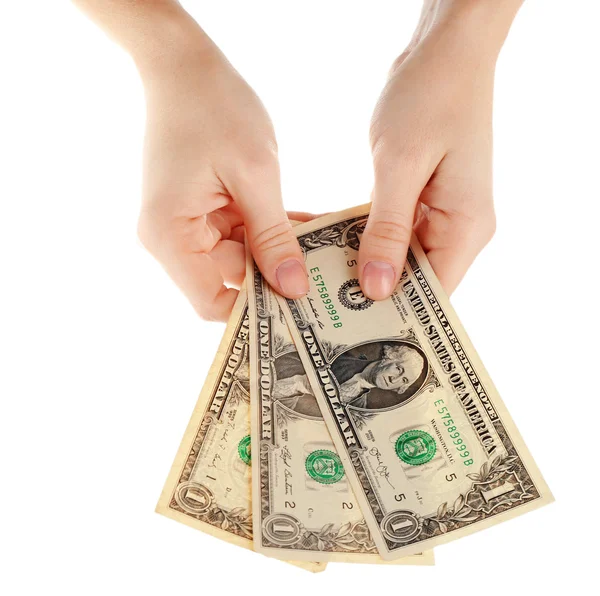 Fan of money in female hands isolated on white — Stock Photo, Image