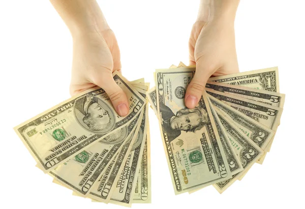 Ανεμιστήρας του χρήματα στα γυναικεία χέρια να απομονωθεί σε λευκό — Φωτογραφία Αρχείου