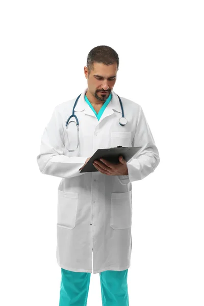 Médico com placa de prescrição em mãos isoladas — Fotografia de Stock