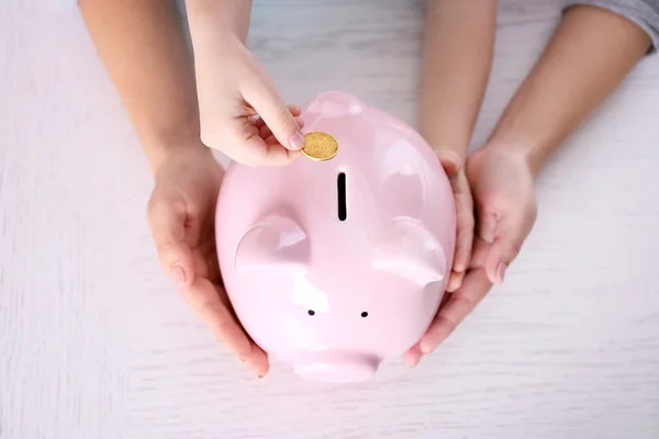 Hand putting coin in the piggy bank — Stock Photo, Image