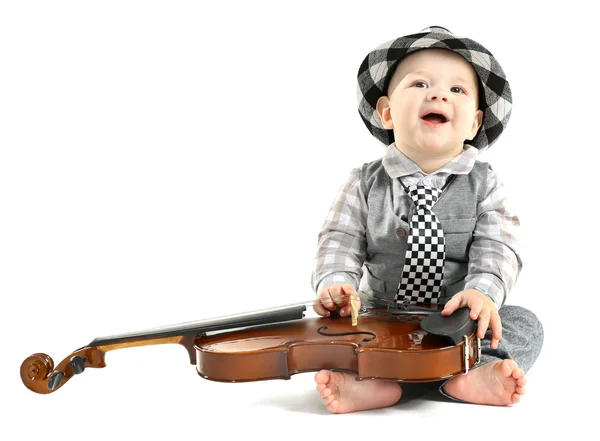 Cute baby in hat with violin — Stock Photo, Image