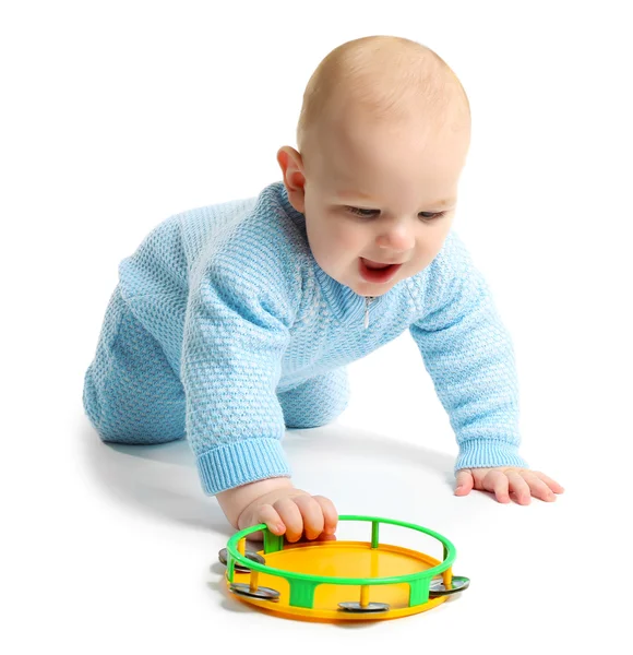 Adorable baby with plastic colourful tambourine — Stock Photo, Image