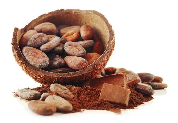 Skål med aromatiska kakaobönor och choklad isolerad på vit bakgrund, på nära håll — Stockfoto