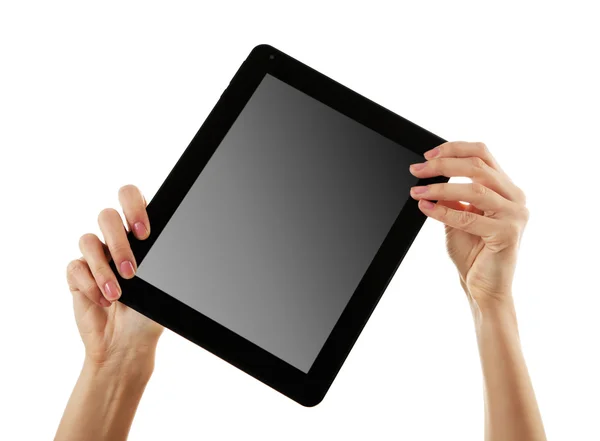 Black tablet in hands — Stock Photo, Image