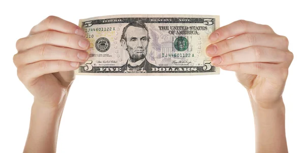 Beş dolarlık banknot holding eller — Stok fotoğraf