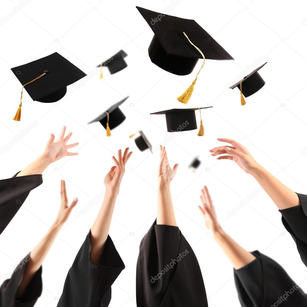 Graduates hands throwing graduation hats — Stock Photo © belchonock