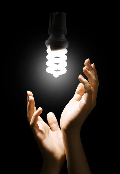 Mãos com lâmpada de poupança de energia no fundo preto — Fotografia de Stock