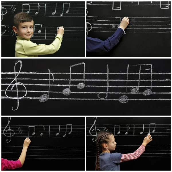 Collage with pupils having music lesson in classroom at elementary school