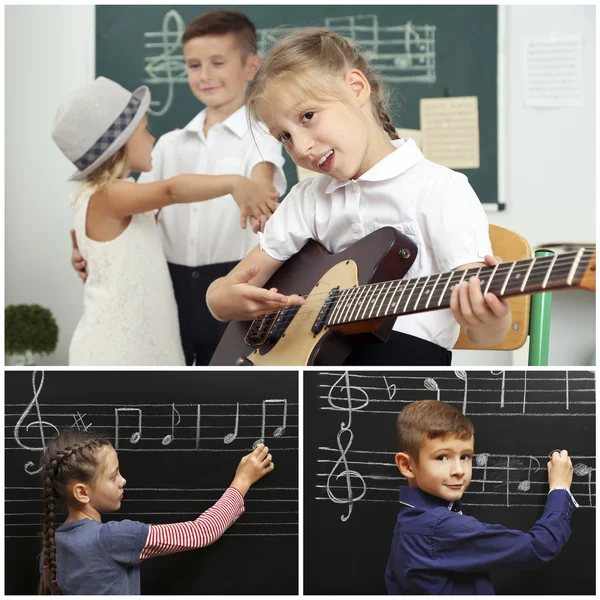 Collage Con Alunni Che Hanno Lezione Musica Classe Alla Scuola — Foto Stock