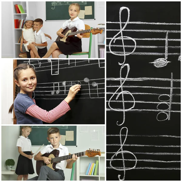 Colagem Com Alunos Com Aula Música Sala Aula Ensino Fundamental — Fotografia de Stock