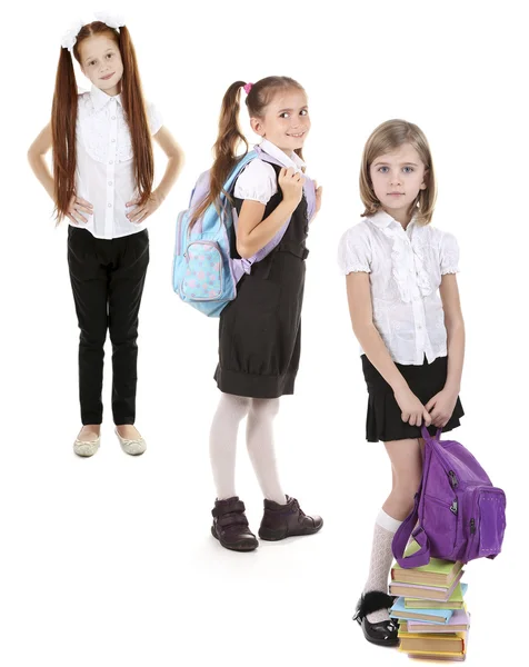 Niedliche Glückliche Schulmädchen Isoliert Auf Weiß — Stockfoto