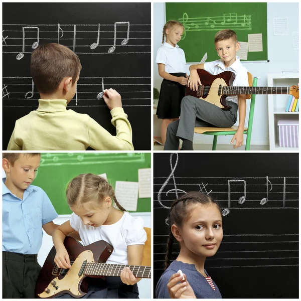 Collage Con Alumnos Que Tienen Clases Música Aula Escuela Primaria — Foto de Stock