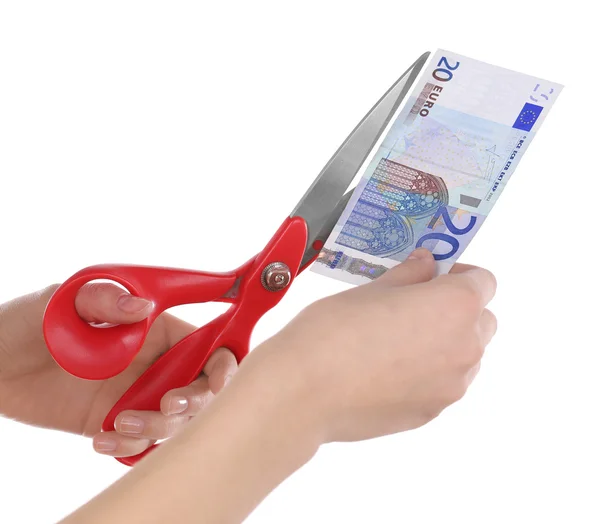Handen met een schaar snijden Euro — Stockfoto