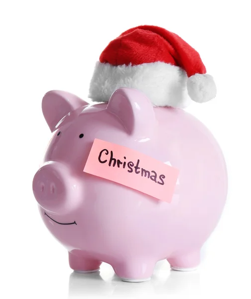 Piggy bank a santa kalap — Stock Fotó