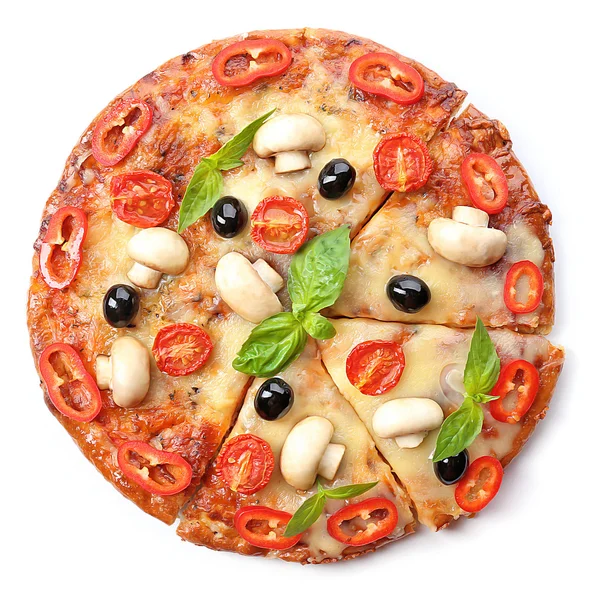 Deliciosa pizza fatiada com legumes no fundo branco, close-up — Fotografia de Stock