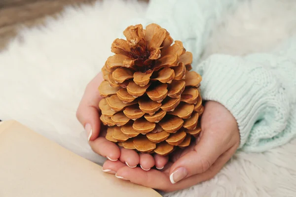 Woman holding pine cone — Stock Photo, Image
