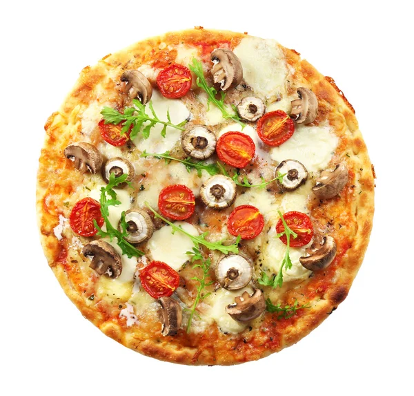 Smakelijke pizza versierd met paddestoelen geïsoleerd op witte achtergrond — Stockfoto