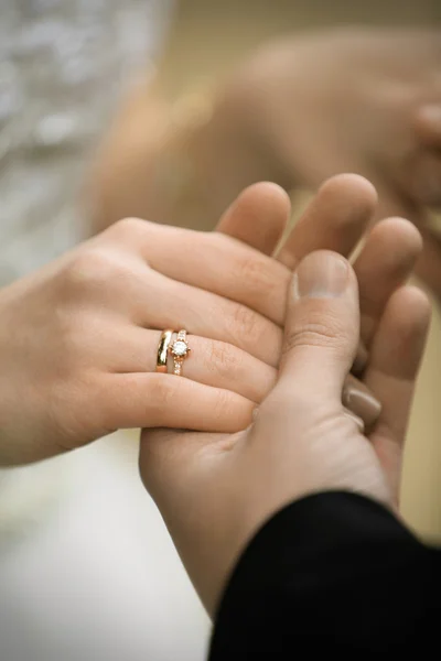 Brud- och brudgummen håller varandra i handen — Stockfoto