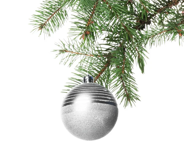 Kerstbal op een tak van de zilverspar — Stockfoto