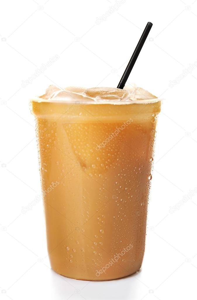 Cup of ice coffee with straw, isolated on white