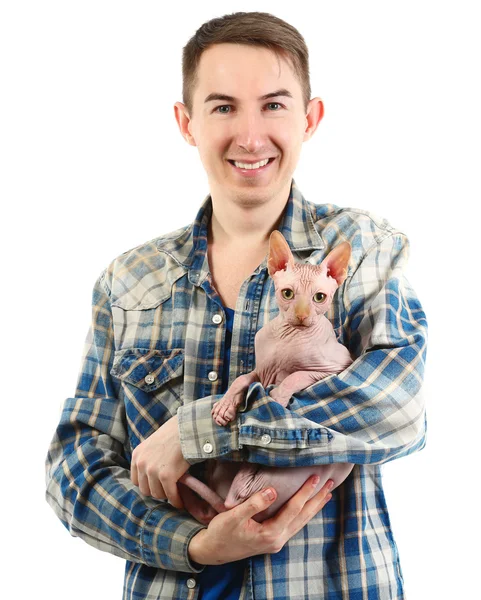 Joven hombre guapo sosteniendo un gato — Foto de Stock