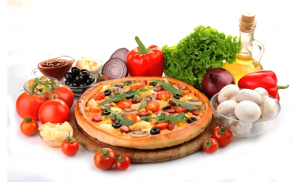 Delicious pizza with vegetables, isolated on white — Stock Photo, Image