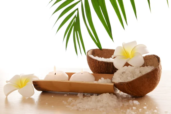 Plumeria, coconut and candles — Stock Photo, Image